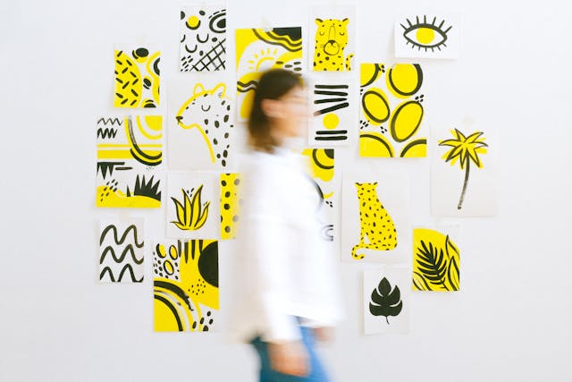 Woman Walking Against Art Background
